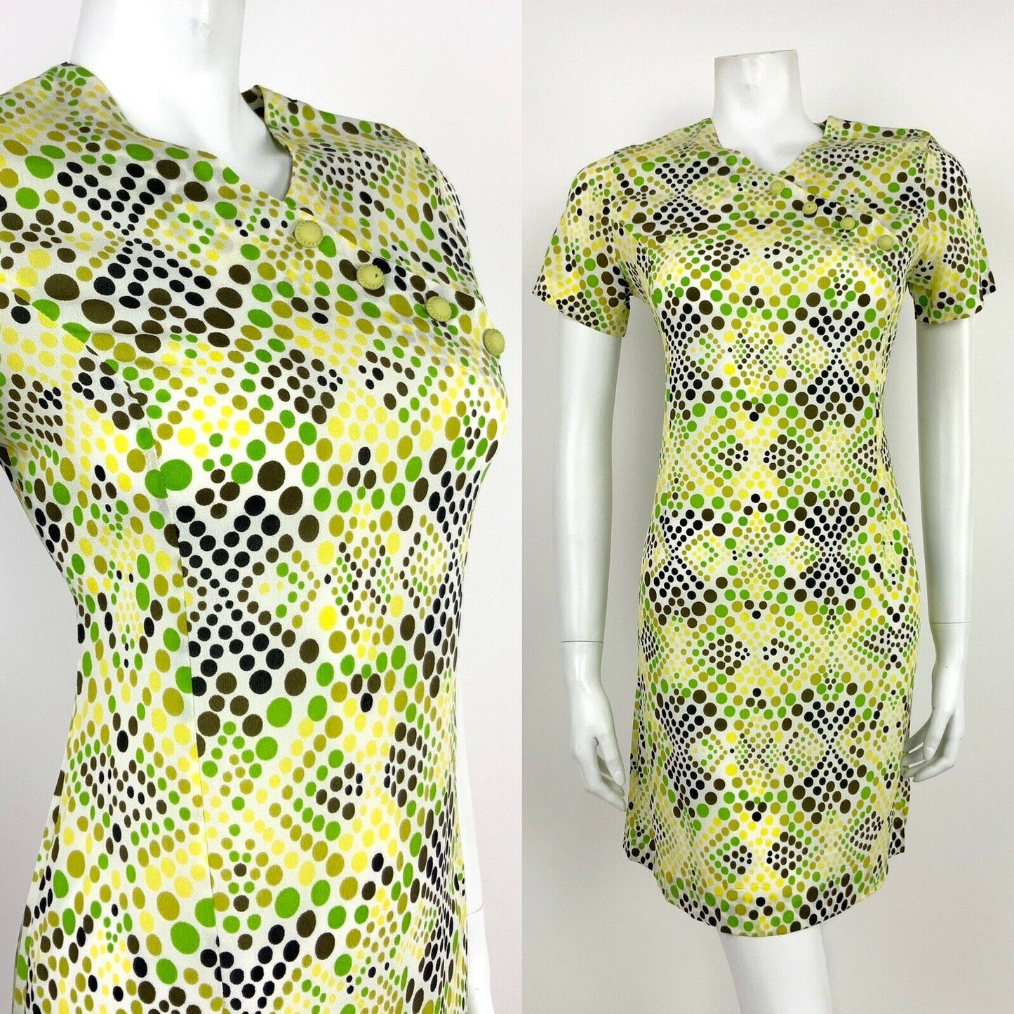 VINTAGE 60s 70s WHITE GREEN BLACK YELLOW OP-ART POLKA DOT PSYCHEDELIC DRESS 12