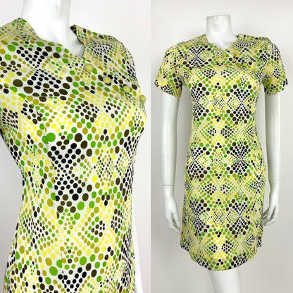 VINTAGE 60s 70s WHITE GREEN BLACK YELLOW OP-ART POLKA DOT PSYCHEDELIC DRESS 12