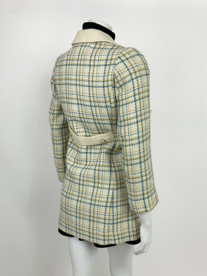 VTG 60s 70s MOD CREAM BLUE YELLOW GOLD PLAID CHECKED WOOL JACKET COAT 10