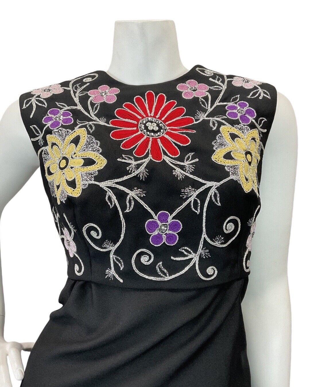 VINTAGE 60s 70s BLACK RED SILVER EMBROIDERED FLORAL SLEEVELESS MAXI DRESS 12