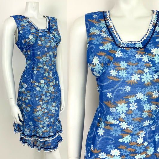 VTG 60s 70s PSYCHEDELIC BLUE WHITE BROWN FLORAL SWIRL RUFFLE TRIM DRESS 12 14