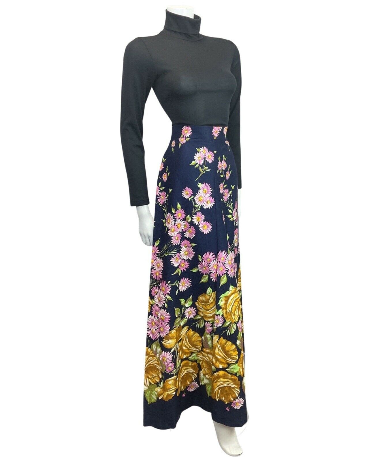 VINTAGE 60s 70s BLUE YELLOW PINK DAISY ROSE FLORAL MOD BOHO MAXI SKIRT 10