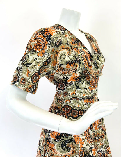 VTG 60s 70s BEIGE BLUE ORANGE PSYCHEDELIC FLORAL PAISLEY WRAP MAXI DRESS 10 12