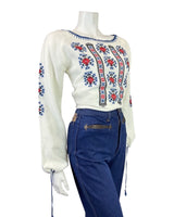 VINTAGE 60s 70s WHITE BLUE RED CROSS-STITCH EMBROIDERED FOLK BOHO BLOUSE 10 12