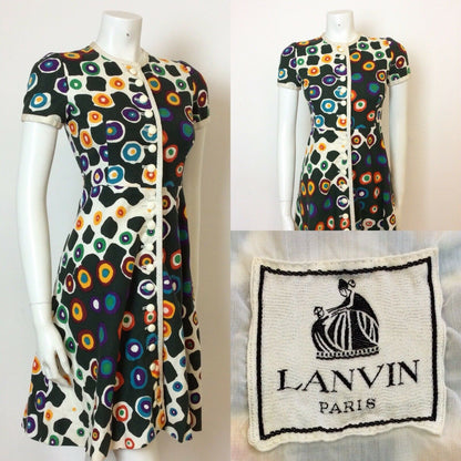 VINTAGE 60S LANVIN BUTTON FRONT OP ART ABSTRACT PRINT DRESS 6 8