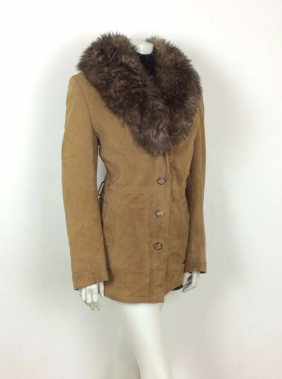 70s VTG BROWN TAN SUEDE LEATHER JACKET FUR TRIM COAT PENNY LANE SHEARLING 16 18