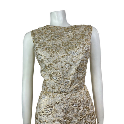 VINTAGE 60s 70s METALLIC GOLD SILVER CREAM LUREX FLORAL PARTY GLAM TEA DRESS 14