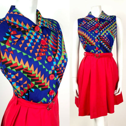 VTG 60s 70s MOD RED BLUE GREEN ORANGE GEOMETRIC BELTED PLEATED DRESS 10 12