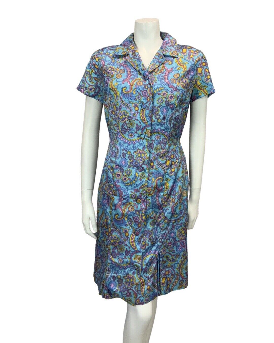 VINTAGE 60s 70s BLUE YELLOW PINK PURPLE PAISLEY PSYCHEDELIC MIDI PRINT DRESS 14