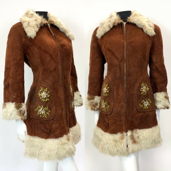VTG 60s 70s RUSSET CREAM SHEARLING EMBROIDERED PENNY LANE SUEDE COAT 14 16