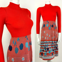 VTG 60s 70s RED BLUE FLORAL BERRY CHERRY POLKA DOT STRIPED KNIT DRESS 4 6