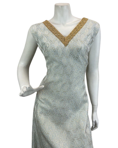 VINTAGE 60s 70s PASTEL BLUE GOLD EVENING DISCO PARTY EMBROIDERY MAXI DRESS 14 16