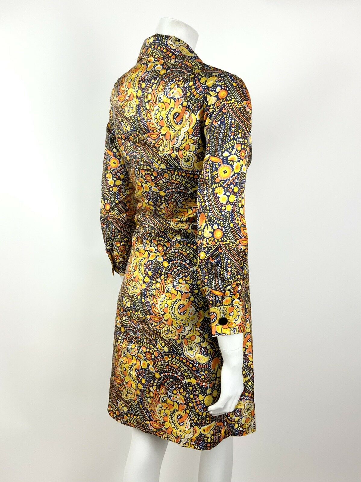 VINTAGE 60s 70s YELLOW ORANGE WHITE BLUE PSYCHEDELIC FLORAL SHIRT DRESS 12 14