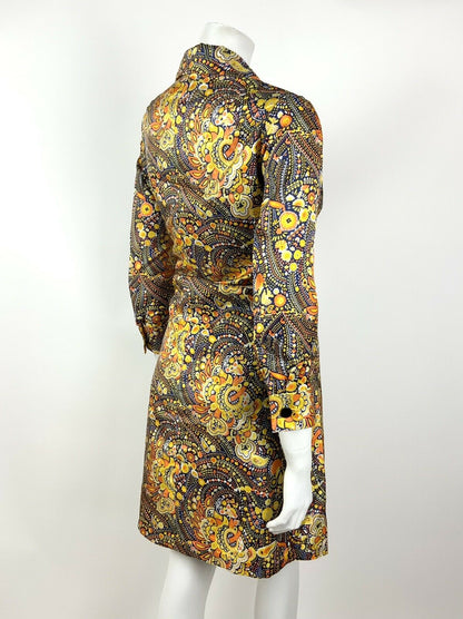 VINTAGE 60s 70s YELLOW ORANGE WHITE BLUE PSYCHEDELIC FLORAL SHIRT DRESS 12 14