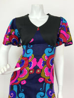 VTG 60s 70s BLUE BLACK PINK GOLD RED PSYCHEDELIC FLORAL SWIRL MAXI DRESS 8 10