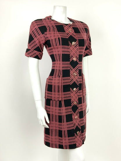 VINTAGE 60s 70s BLACK RED GEOMETRIC PLAID CHECKED FITTED WIGGLE DRESS 8 10