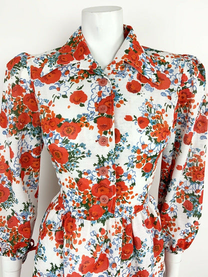 VINTAGE 60s 70s WHITE BLUE GREEN RED FLORAL POPPY DAGGER SHIRT DRESS 10