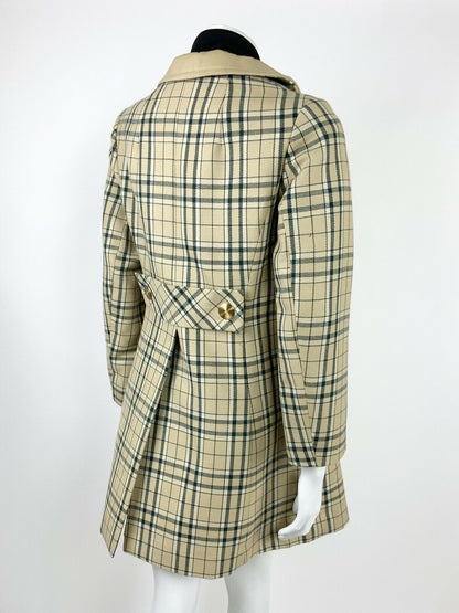 VINTAGE 60s 70s GREEN WHITE BEIGE GOLD PLAID TARTAN LUCIE LINDEN COAT 10 12 14