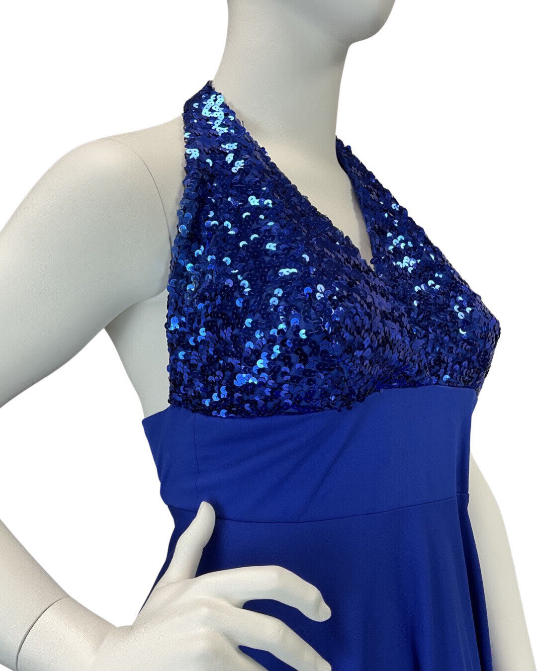 VINTAGE 60s 70s ROYAL BLUE SEQUIN HALTER DISCO STUDIO 54 MAXI DRESS 10 12