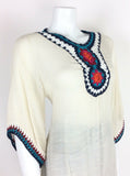 VTG 70s CREAM RED BLUE ORANGE PINK BOHO HIPPY ETHNIC CROCHET BLOUSE TOP 10 12 14