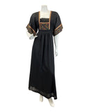 VINTAGE 60s 70s BLACK RED GOLD EMBROIDERED SEQUIN BOHO PRAIRIE MAXI DRESS 8 10