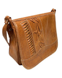 VINTAGE 70s 80s TOFFEE BROWN STAMPED LEATHER BOHO MOD SHOULDER BAG