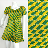 VTG 60s 70s GREEN YELLOW BLUE GEOMETRIC OP-ART SWEETHEART A-LINE MINI DRESS 6