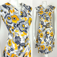 VTG 60s 70s BLUE YELLOW WHITE FLORAL SWIRL A-LINE MOD PSYCH FLOWER DRESS 12 14