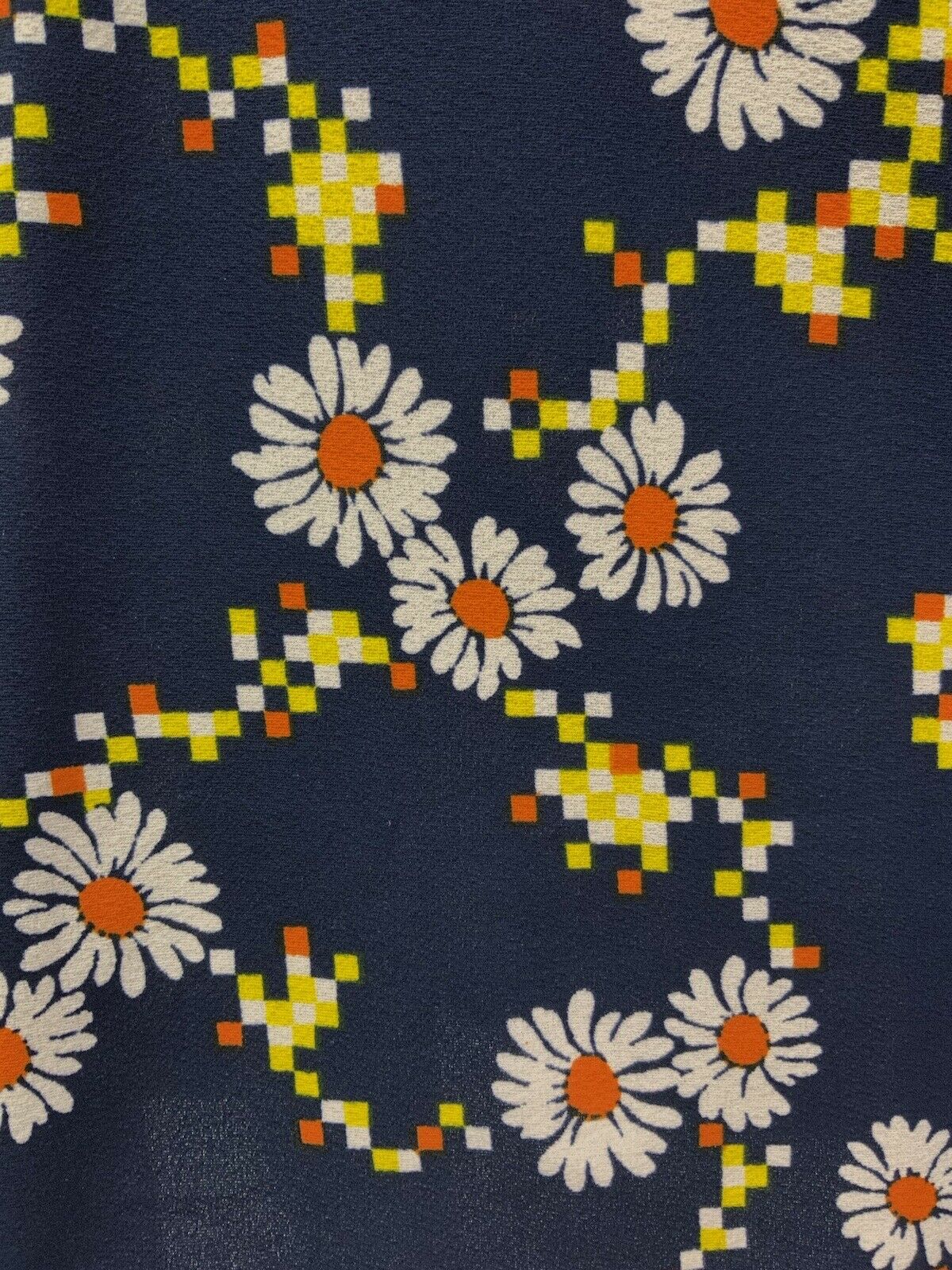 VINTAGE 60s 70s BLUE WHITE ORANGE DAISY PIXEL GEOMETRIC PUFF SLEEVE MAXI DRESS 8