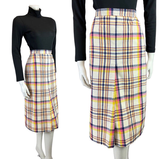 VINTAGE 60s 70s WHITE PINK BLUE PLAID TARTAN CHECKED MOD MIDI SKIRT 6