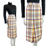 VINTAGE 60s 70s WHITE PINK BLUE PLAID TARTAN CHECKED MOD MIDI SKIRT 6