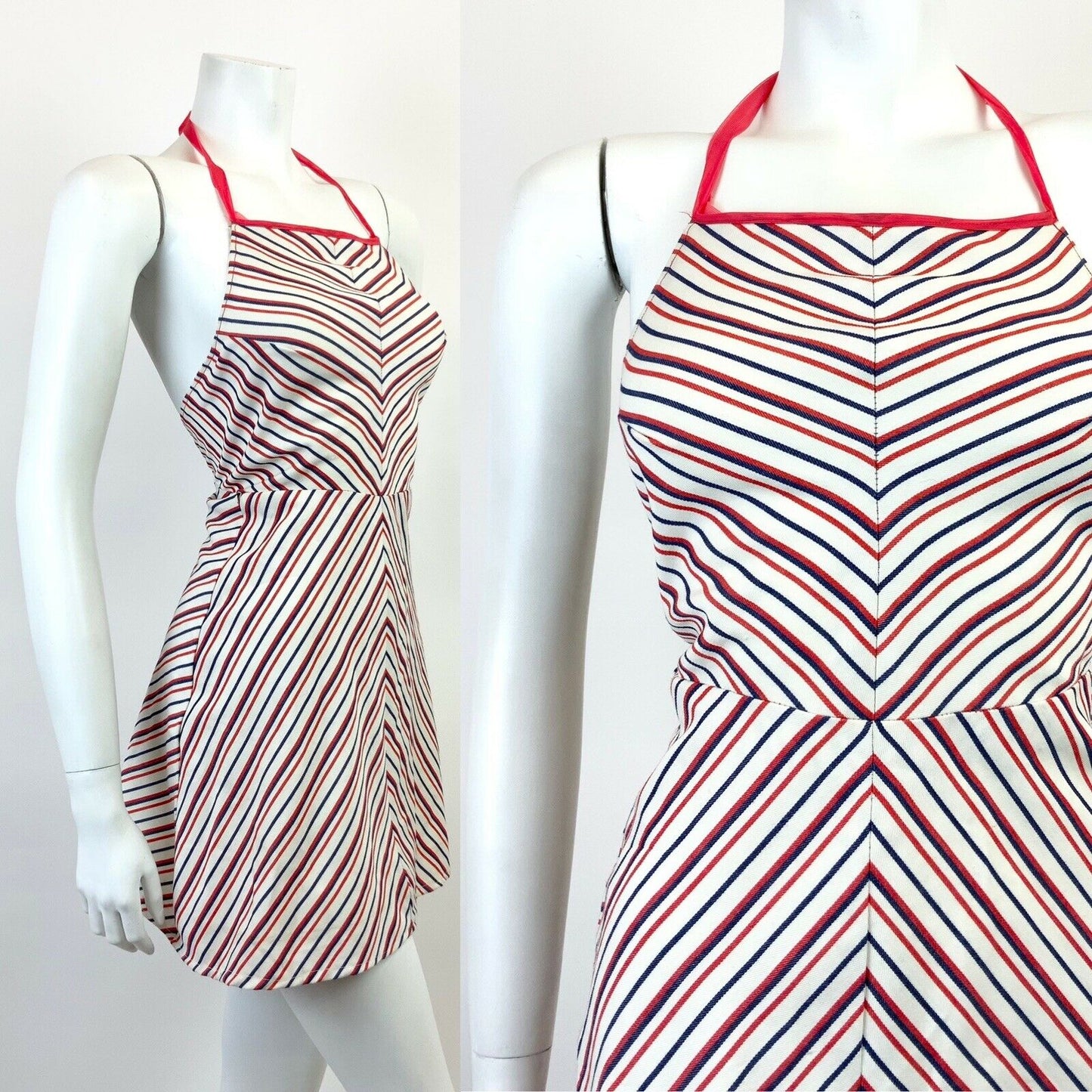 VINTAGE 60s 70s WHITE RED BLUE STRIPED MOD HALTER MINI DRESS 4 6