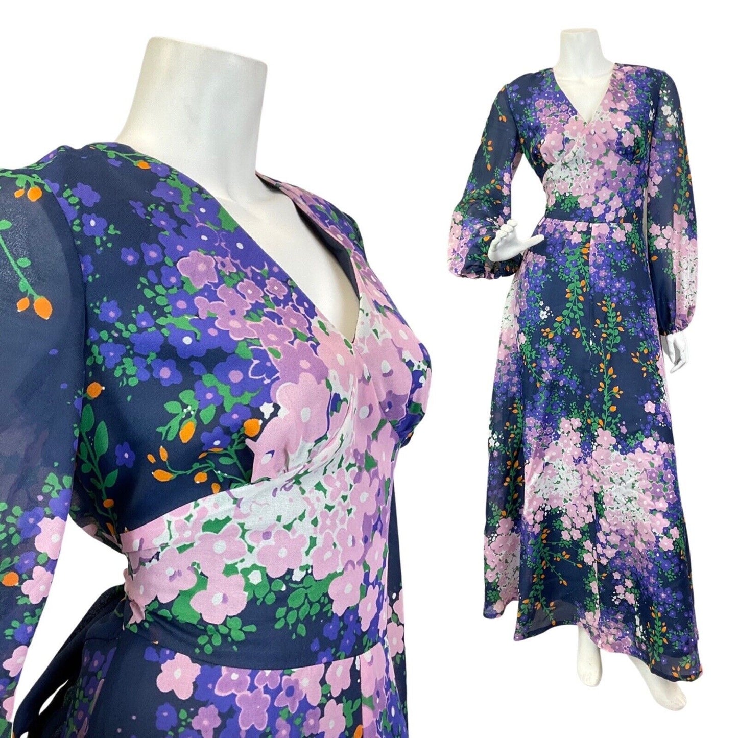 VINTAGE 70s BLUE PURPLE WHITE PSYCHEDELIC FLORAL FLOATY SUMMER MAXI DRESS 10