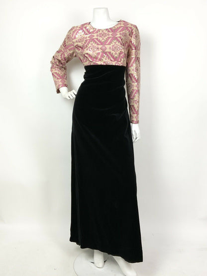 VINTAGE 60s 70s BLACK PINK GOLD SILVER GEOMETRIC AZTEC VELVET MAXI DRESS 12