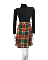 VINTAGE 60s 70s GREEN RED YELLOW TARTAN CHECKED BUCKLE MOD KILT SKIRT 6