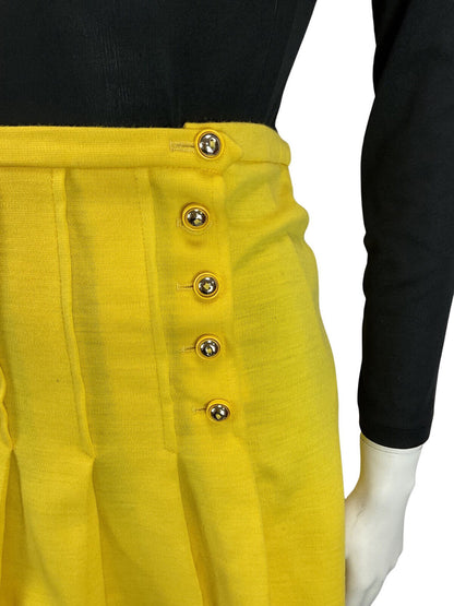 VTG 60s 70s BRIGHT YELLOW HIGH WAISTED A-LINE MINI GOGO MOD PLEATED SKIRT 4 6 8