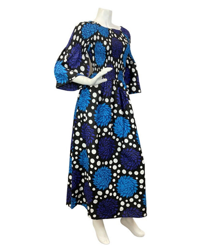 VINTAGE 70s BLUE BLACK WHITE POLKA-DOT FLORAL SHIRRED PSYCHEDELIC MAXI DRESS 6 8