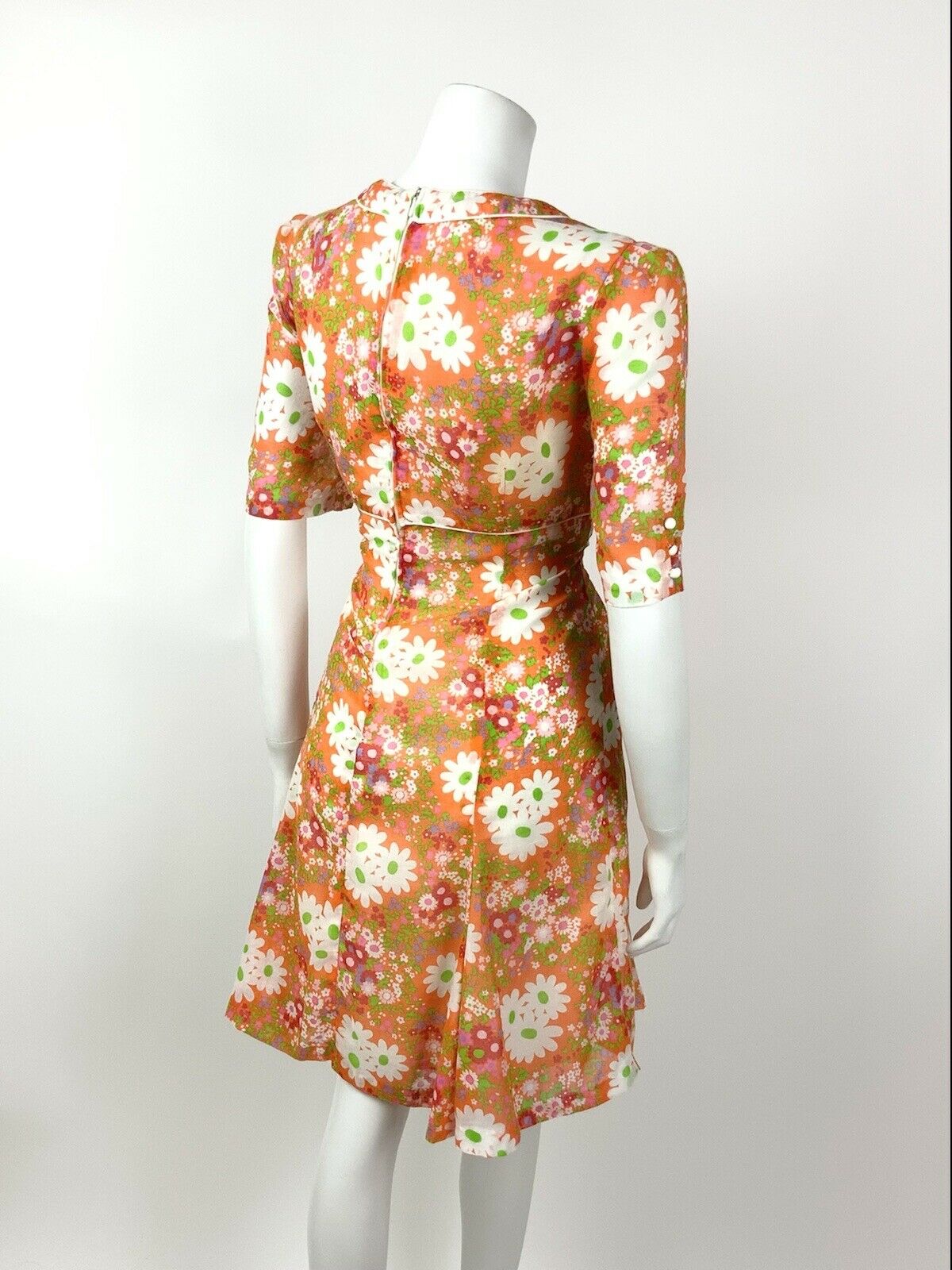 VINTAGE 60s 70s ORANGE WHITE PINK FLORAL DAISY PSYCHEDELIC SUMMER DRESS 12 14
