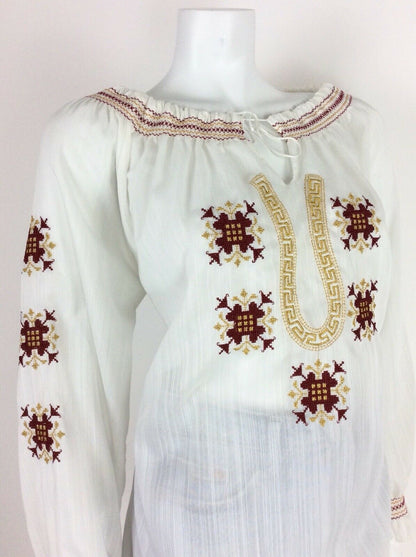 VTG 70s ETHNIC WHITE PEASANT BLOUSE RED GOLD EMBROIDERED MEANDROS GRECIAN 12 14