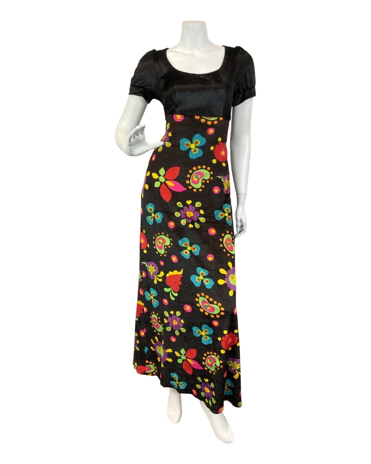 VINTAGE 60s 70s BLACK BLUE PINK FLOWER POWER MOD EMPIRE VELVET MAXI DRESS 10 12