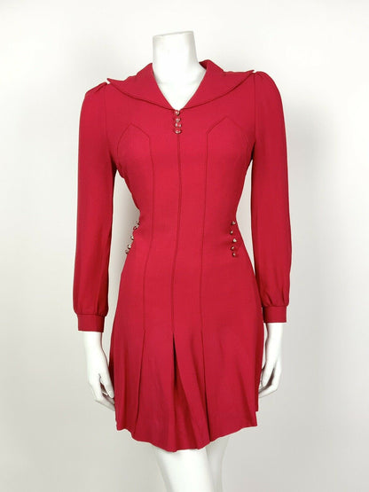 VINTAGE 60s 70s PILLARBOX RED WING COLLAR MOD MINI DRESS 8 10