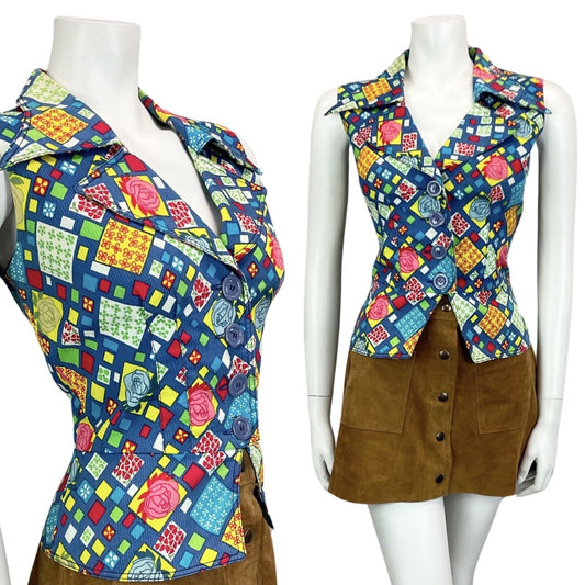 VTG 60s 70s BLUE YELLOW RED FLOWER PSYCHEDELIC BOHO BETTY BARCLAY WAISTCOAT 12