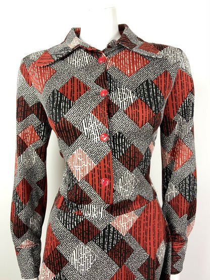 VTG 60s 70s BLACK WHITE RED GEOMETRIC STRIPED DOG EAG COLLAR SHIRT DRESS 14 16