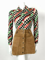 VINTAGE 60s 70s BLACK WHITE GREEN RED HOUNDSTOOTH STRIPED MOD DAGGER SHIRT 10 12