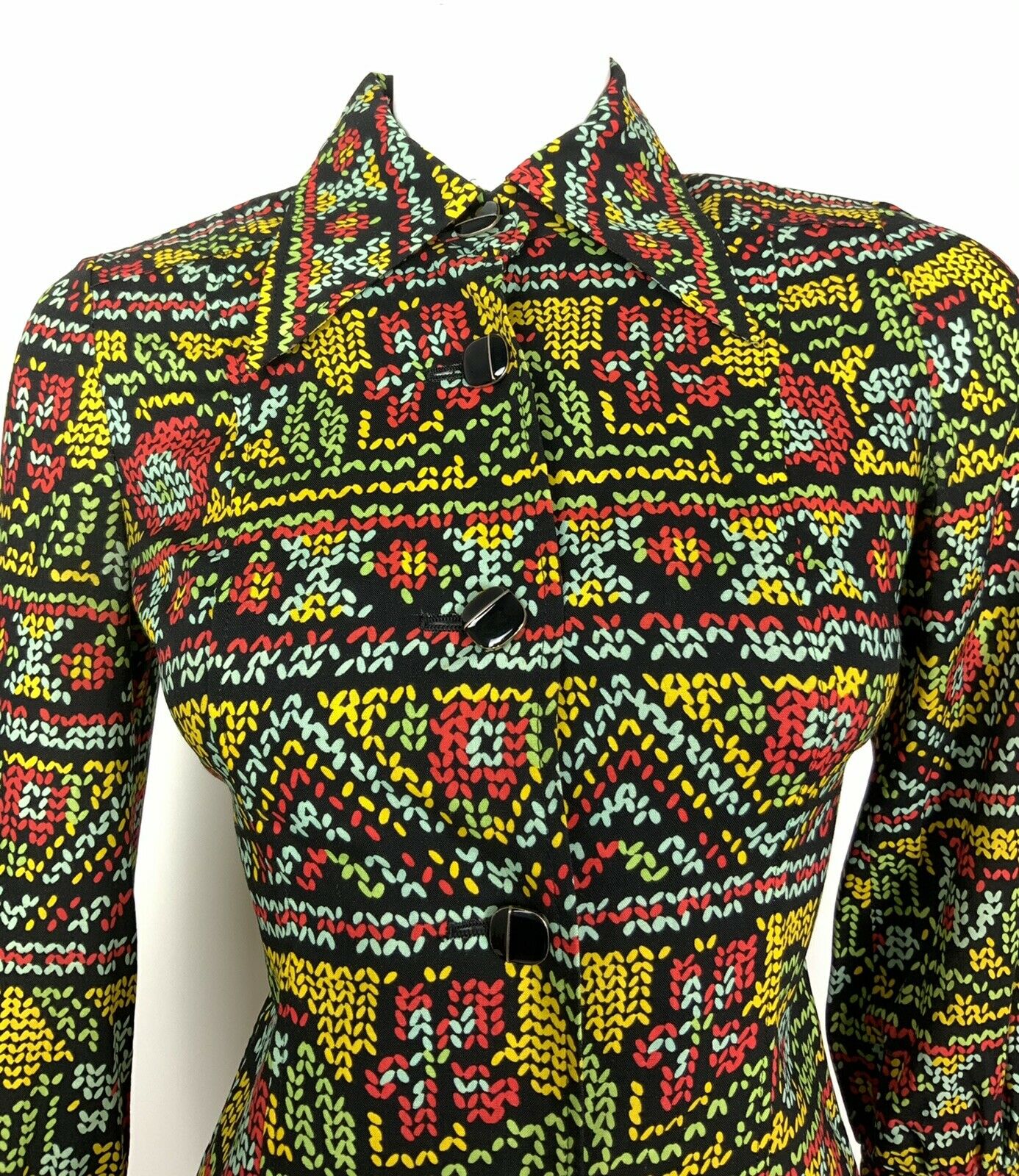 VTG 60 70s BLACK BLUE YELLOW RED FLORAL AZTEC FOLK GYPSY DAGGER SHIRT DRESS 8 10