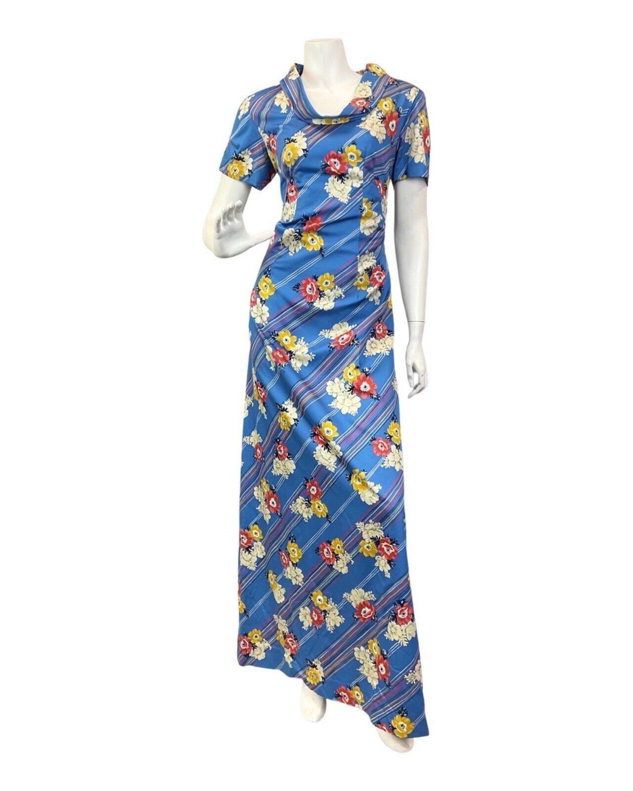 VINTAGE 60s 70s BLUE RED YELLOW STRIPED FLORAL COWL MAXI DRESS 10 12