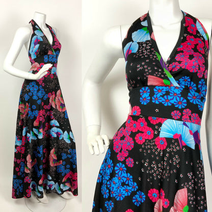 VINTAGE 60s 70s BLACK BLUE PINK JAPANESE FLORAL HALTER SUMMER MAXI DRESS 8 10