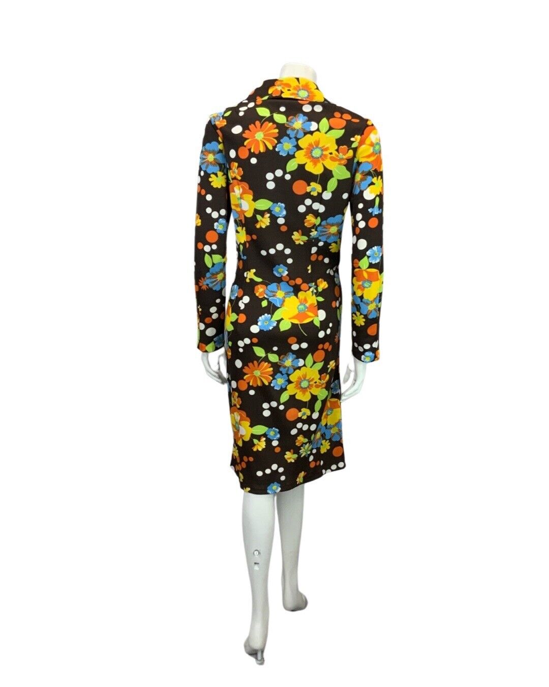 VTG 60s 70s BROWN ORANGE YELLOW FLORAL SPOTTY PSYCHEDELIC MOD SHIRT DRESS 14