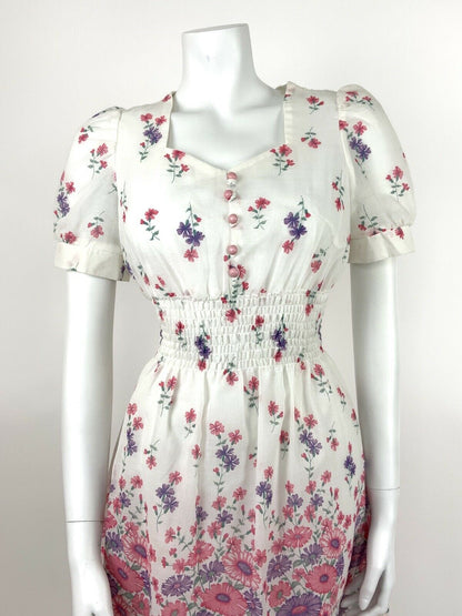 VINTAGE 60s 70s COTTON SUMMER DRESS FLORAL WHITE PINK PURPLE SWEETHEART 8 10