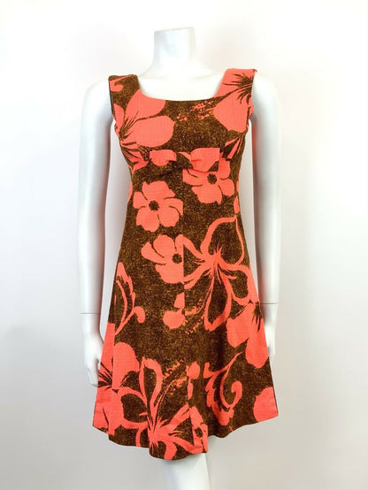 VINTAGE 60s 70s BROWN ORANGE FLORAL HAWAIIAN EMPIRE MOD SLEEVELESS DRESS 6 8